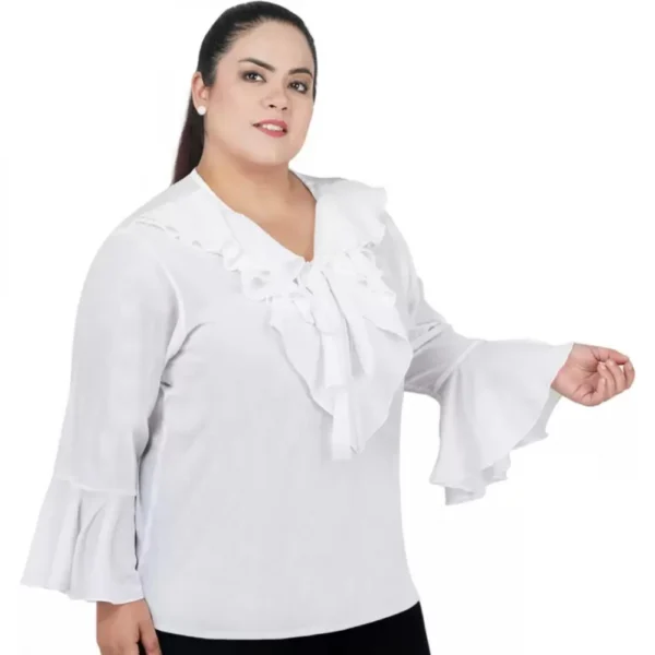 Women's Casual Bell Sleeve Solid White Top (Color:White, Material:Georgette) - Image 4