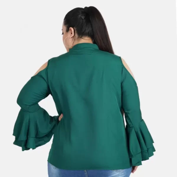 Women's Casual Bell Sleeve Solid Green Top (Color:Green, Material:Crepe) - Image 4