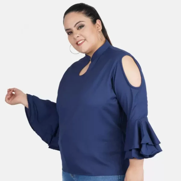 Women's Casual Bell Sleeve Solid Blue Top (Color:Blue, Material:Crepe) - Image 3