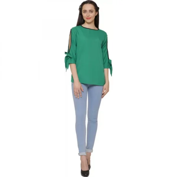 Women's Casual Slit Sleeve Solid Green Top (Color:Green, Material:Poly Crepe) - Image 4