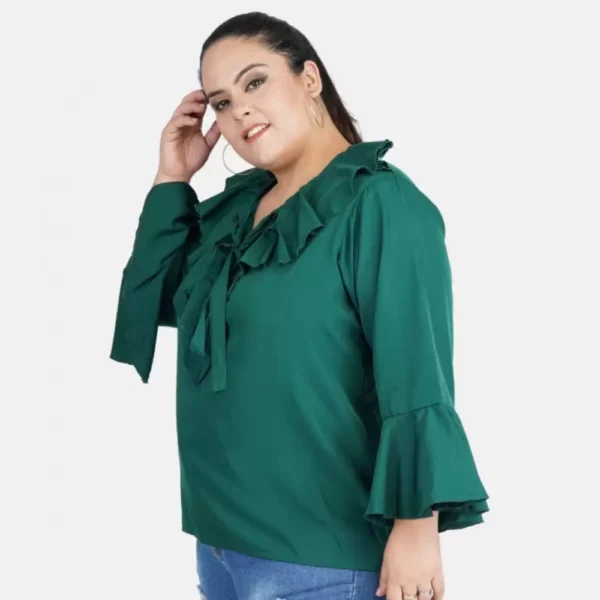 Women's Casual Bell Sleeve Solid Green Top (Color:Green, Material:Georgette) - Image 4