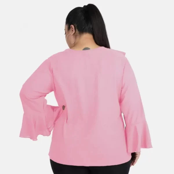 Women's Casual Bell Sleeve Solid Pink Top (Color:Pink, Material:Georgette) - Image 3