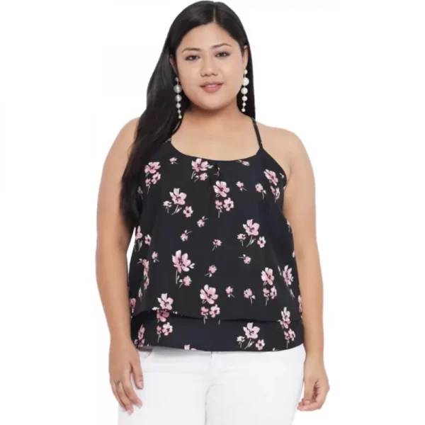 Women's Casual Floral Print Black Top (Color:Black, Material:Polyester)