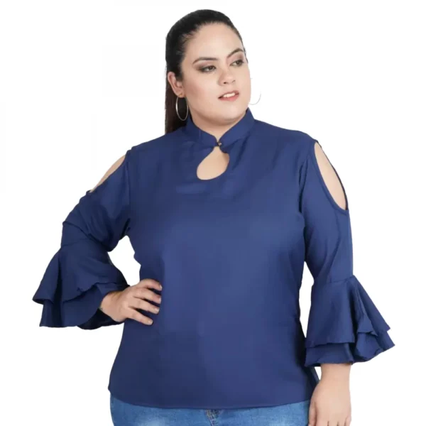 Women's Casual Bell Sleeve Solid Blue Top (Color:Blue, Material:Crepe)