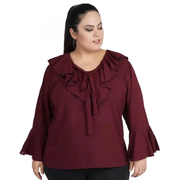 Women's Casual Bell Sleeve Solid Maroon Top (Color:Maroon, Material:Georgette)