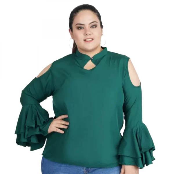 Women's Casual Bell Sleeve Solid Green Top (Color:Green, Material:Crepe)