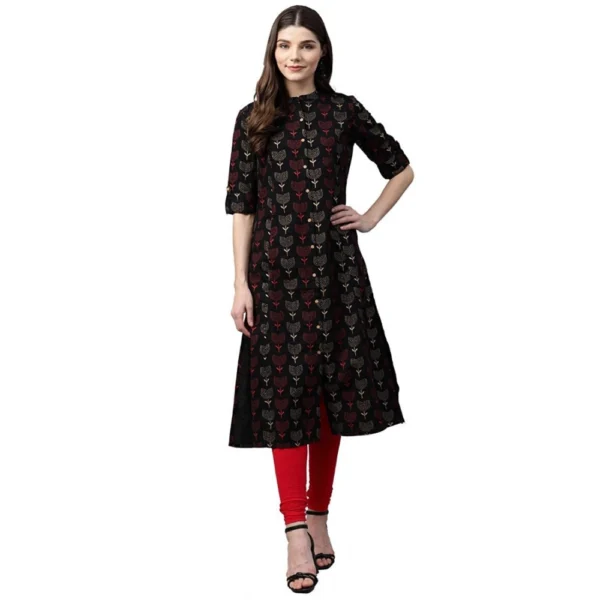 Women's Cotton Printed A Line Kurti (Black, Cotton)