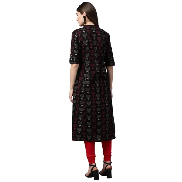 Women's Cotton Printed A Line Kurti (Black, Cotton) - Image 3