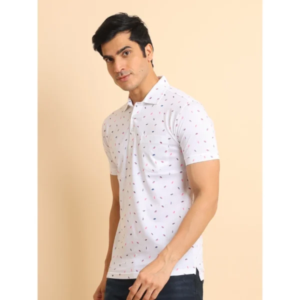 Men's Casual Cotton Printed Polo Neck Half Sleeve T-Shirt (White) - Image 4