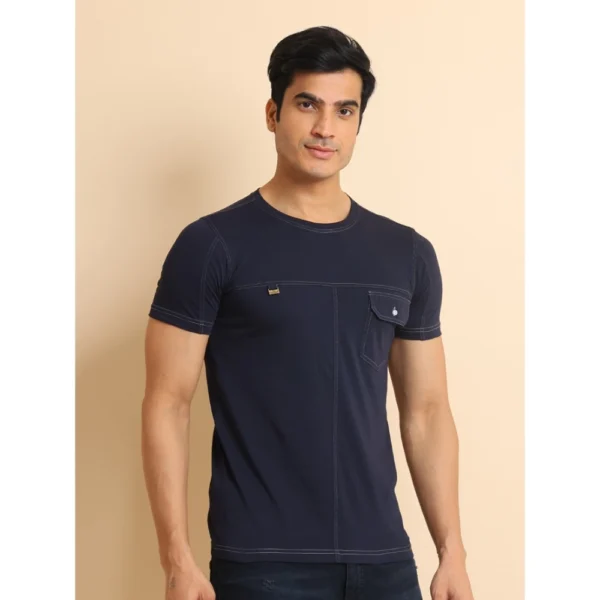 Men's Casual Cotton Solid Round Neck Half Sleeve T-Shirt (Navy) - Image 3