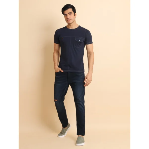 Men's Casual Cotton Solid Round Neck Half Sleeve T-Shirt (Navy) - Image 7