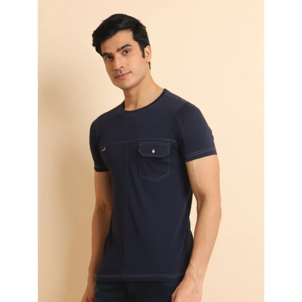 Men's Casual Cotton Solid Round Neck Half Sleeve T-Shirt (Navy) - Image 4