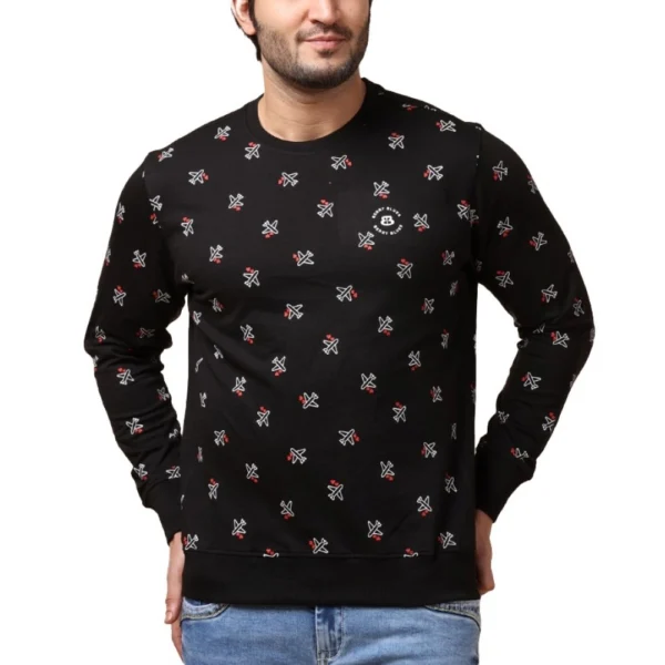 Men's Casual Cotton Printed Round Neck Full Sleeve Sweat Shirt (Black)